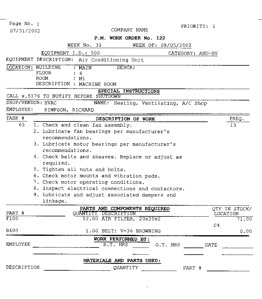 Sample Preventive Maintenance Work Order